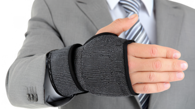 Office worker wearing a wrist support, shaking hands against a transparent background, illustrating the impact of work accidents like carpal tunnel syndrome on professionals in the workplace
