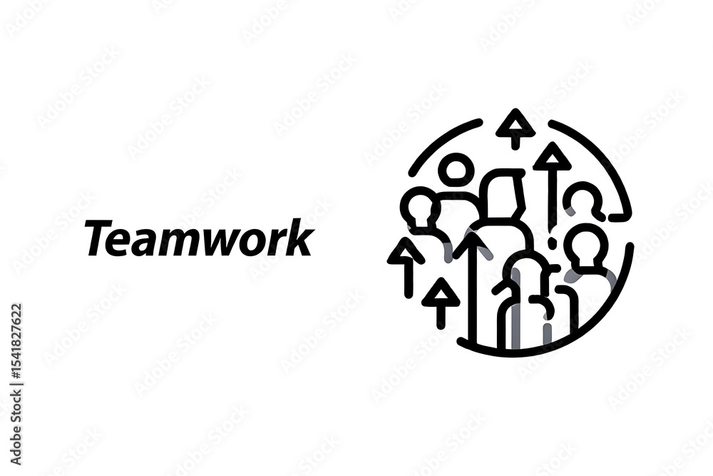 Poster black and white line art graphic depicting teamwork concept multiple stylized human figures arranged