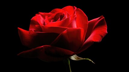 A blooming red rose on a black background, symbolizing the purest love and passion