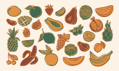 Colorful fruits and berries, hand-drawn. Natural tropical fruits. Lemon, cherry, apple, peach, banana, avocado, pomegranate, pineapple, melon. Vector illustration.