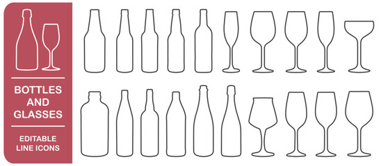 Set of different wine glasses and beer bottles icon symbols. Editable stroke line icons collection. Vector illustration image. Wine glass and bottles silhouette shape sign. Isolated on white 