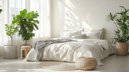 Minimalist bedroom with light-colored bedding and green plants. 