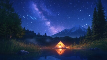 Camping tent in a serene valley under a clear, starry night sky with the Milky Way visible above the surrounding mountains
