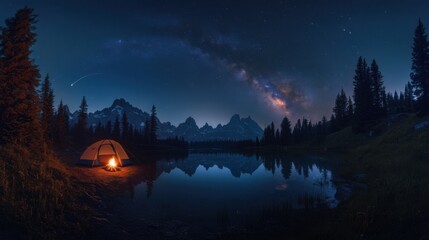 Camping tent in a serene valley under a clear, starry night sky with the Milky Way visible above the surrounding mountains
