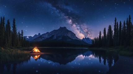 Camping tent in a serene valley under a clear, starry night sky with the Milky Way visible above the surrounding mountains
