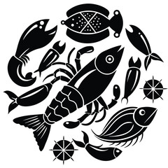 fish, seafood, illustration, Minimalist Fish Silhouette, black and white, monochrome, vector on white background