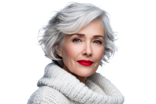 Senior woman with gray hair and red lipstick wearing cozy sweater