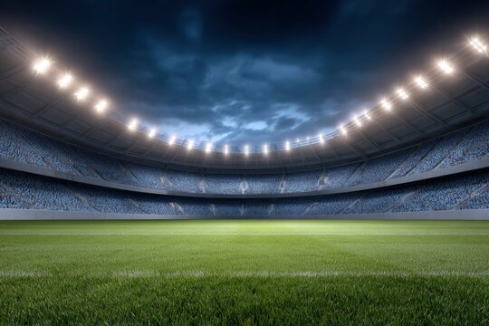 Illuminated stadium at dusk filled with blueclad fans around a green field