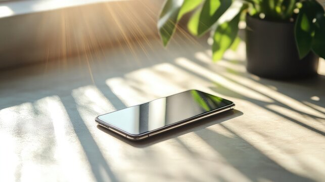 Minimalistic smartphone on a light surface with sunlight streaks  - Powered by Adobe