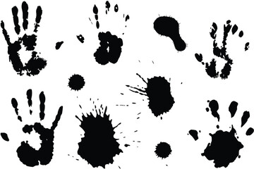 Black handprints and blots create a artistic pattern on a stark white canvas