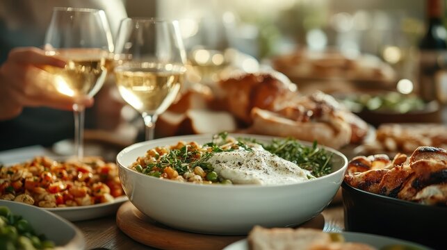 A beautifully arranged dining table filled with colorful dishes, highlighting tasteful culinary presentation accompanied by glasses of white wine to enhance the dining experience.