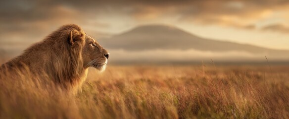 The majestic lion gazes toward the distant mountain in serene twilight landscape.