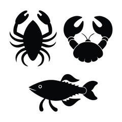 Fish and Seafood Vector Illustration Set,
Monochrome Ocean Creature Designs,
 Fish Silhouette Collection