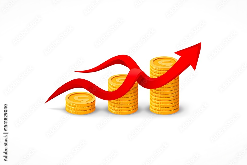 Poster three stacks of gold coins increasing in height with a red upward arrow curving through them illustr
