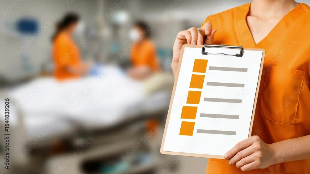 Poster given the setting, a healthcare expert is holding a clipboard with a checklist on it. a seamless loo