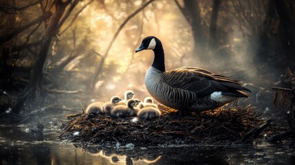canadian goose protecting her babies
