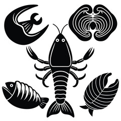 Obraz premium Fish and Seafood Vector Illustration Set, Monochrome Ocean Creature Designs, Fish Silhouette Collection