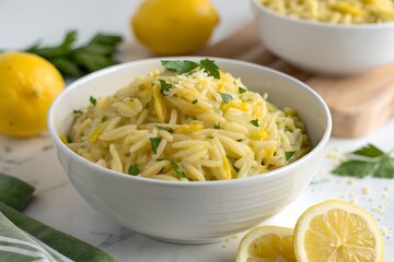 close up photo of lemon orzo pasta