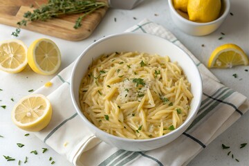 lemon orzo pasta on white bowl