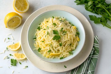 a photo of lemon orzo pasta on a bowl from top view