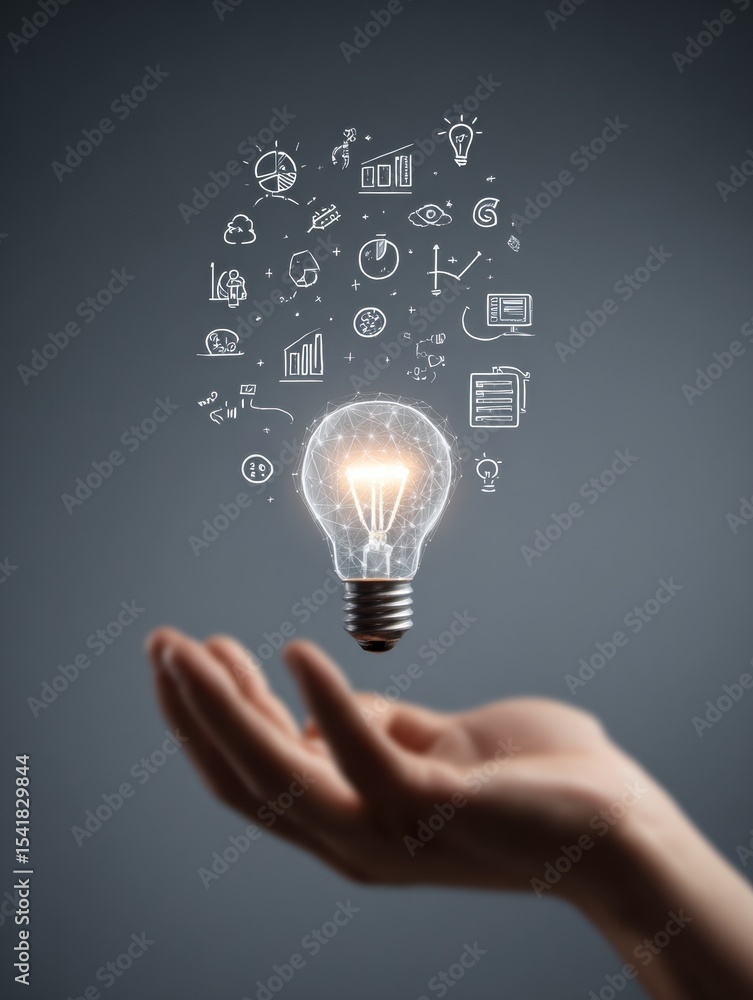 Poster hand holding glowing lightbulb surrounded by floating business icons representing innovative ideas a