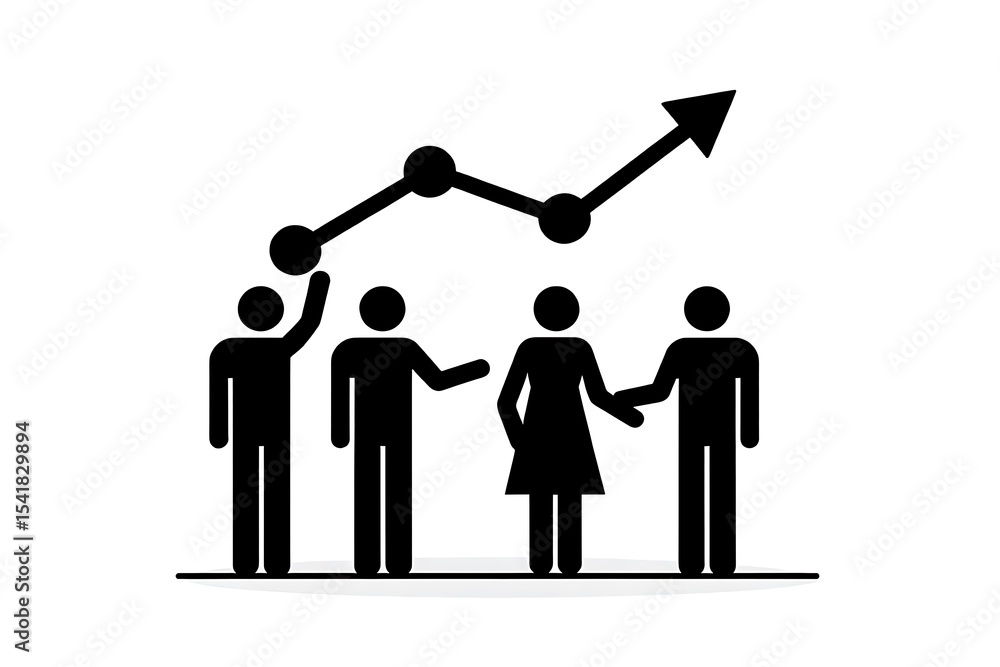 Poster four simple black figures symbolizing teamwork and collaboration raising a line graph illustrating g
