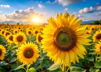 Fototapeta premium Close-up of blooming sunflowers in a bright field