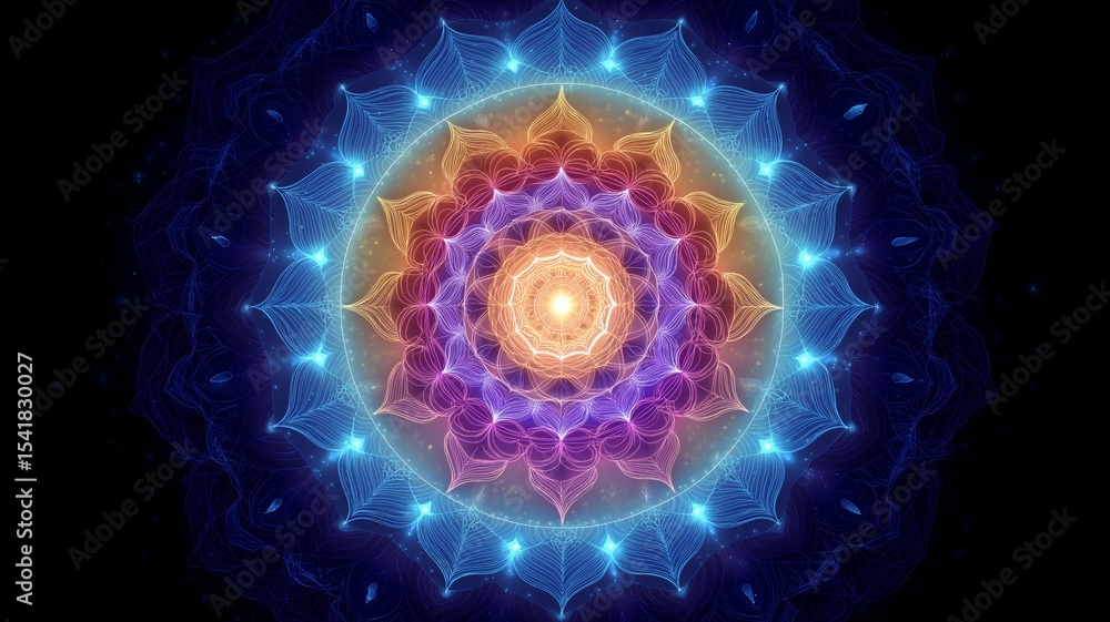 Poster chakra mandala design featuring vibrant colors and glowing patterns in a mystical background