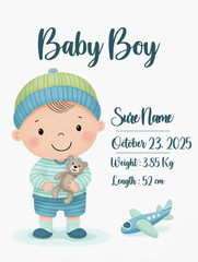 card or banner to announce the birth of a child here a boy with his date of birth his weight and his height represented by a little boy holding his cuddly toy on a white background