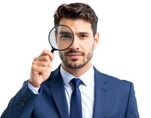 Man with magnifying glass examining closely
