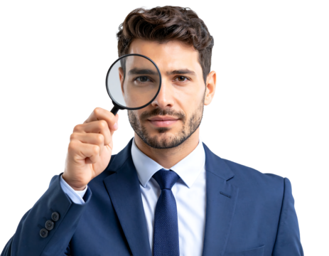Man with magnifying glass examining closely