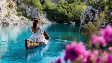 candid photography of a beautiful young model woman kayaking on a blue clear lake, she is wearing high fashion casual dress, riding a luxury kayak, straight view