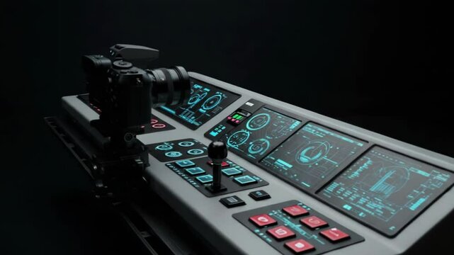 High-tech control panel with digital display and camera setup  