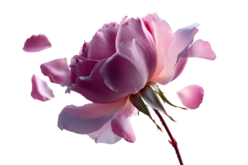 Beautiful pink rose with falling petals on transparent background