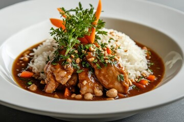 Peanut Chicken Curry. Thai Peanut Curry with Chicken and Rice in Bowl, Asian Cuisine Concept