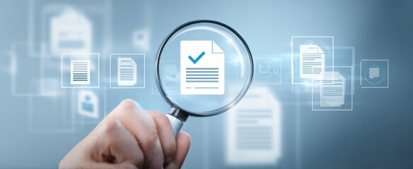 The magnifying glass highlighting a document in a digital workspace.