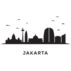 Vector Jakarta skyline. Travel Jakarta famous landmarks. Business and tourism concept for presentation, banner, web site. Vector black silhouette. with white background