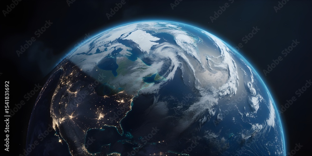Wall mural high-resolution view of earth from space showing day and night across continents