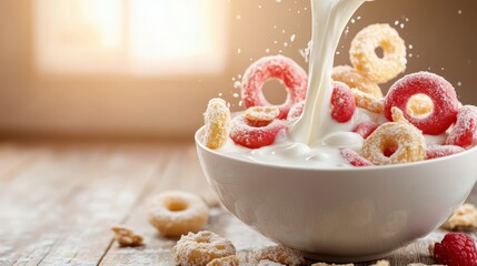 A delightful bowl of colorful cereal rings being poured with milk, conveying joy and nostalgia, perfect for breakfast imagery that evokes happiness and childhood memories.
