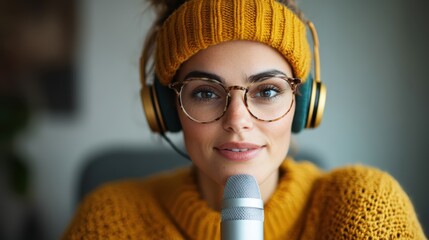 A friendly woman in cozy attire wearing headphones and glasses, poised before a microphone, ready to engage in a captivating conversation or podcast. Enthusiastic energy radiates.