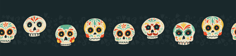 Day of the dead, Dia de los muertos background and seamless pattern, hand drawn with decoration and flowers, great for textiles, banners, wallpapers, wrapping - vector design