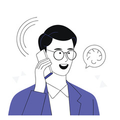 Smiling Asian man speaks joyfully on his cellphone, wearing glasses and a blue jacket