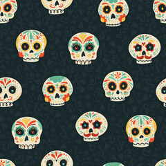 Day of the dead, Dia de los muertos background and seamless pattern, hand drawn with decoration and flowers, great for textiles, banners, wallpapers, wrapping - vector design