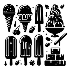 Silhouette illustration of various ice cream and popsicle treats.