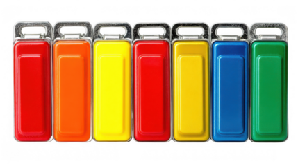 Seven brightly colored emergency triage tags, each with a unique hue and metal loop, arranged in a row against a transparent background, representing medical urgency levels