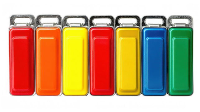 Seven brightly colored emergency triage tags, each with a unique hue and metal loop, arranged in a row against a transparent background, representing medical urgency levels