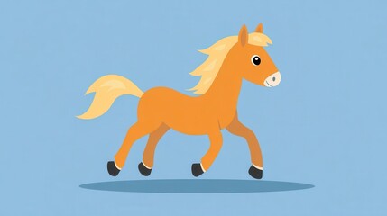 Fototapeta premium Cute orange horse running on a light blue background.