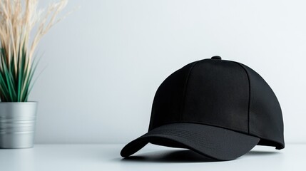 A minimalist black cap rests on a clean surface, embodying simplicity and style, perfect for showcasing casual fashion with an elegant touch.