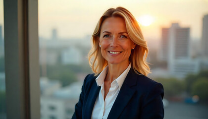 woman, blonde hair, blue blazer, looking at camera, smiling, urban city skyline background, professional headshot business woman 4K and HD image
