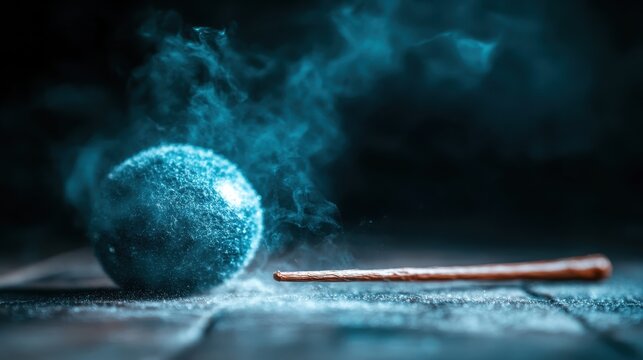 A blue orb emerges from swirling smoke, creating an enigmatic atmosphere that draws the viewer's attention with its mystical charm and otherworldly essence.